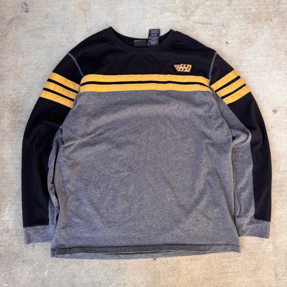 Harley Davidson Mens XL Long Sleeve Colorblock Shirt Black Gray Yellow Biker Tee - Picture 3 of 8